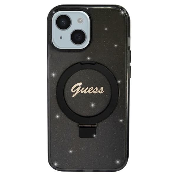 Coque MagSafe för iPhone 15 Glittrande i silikon med upphöjda kanter Guess svart