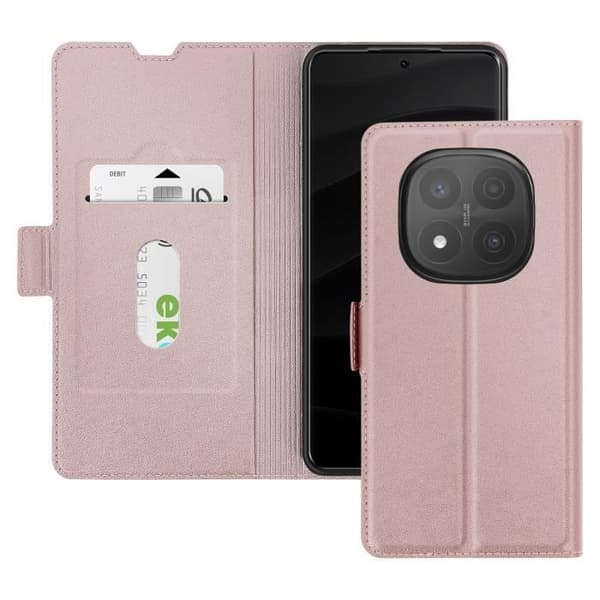 Etui för Redmi Note 14 Pro och 14 Pro Plus med kortfack och videostöd i rosé champagne