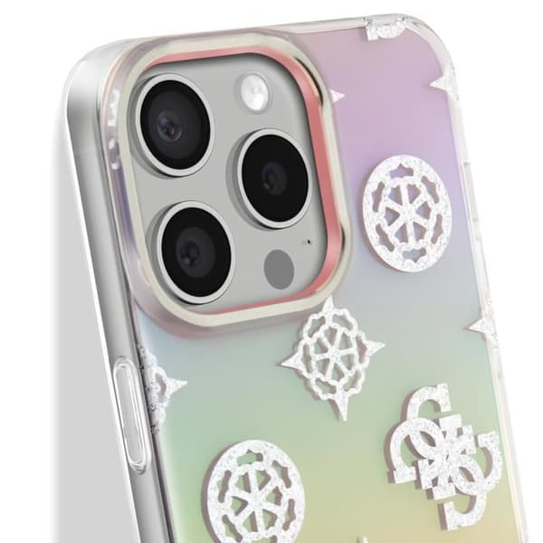 Fodral för iPhone 15 Pro Max med upphöjda kanter och inbyggd handledsrem Guess i flerfärgad design