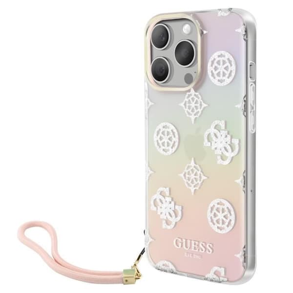 Fodral för iPhone 15 Pro Max med upphöjda kanter och inbyggd handledsrem Guess i flerfärgad design