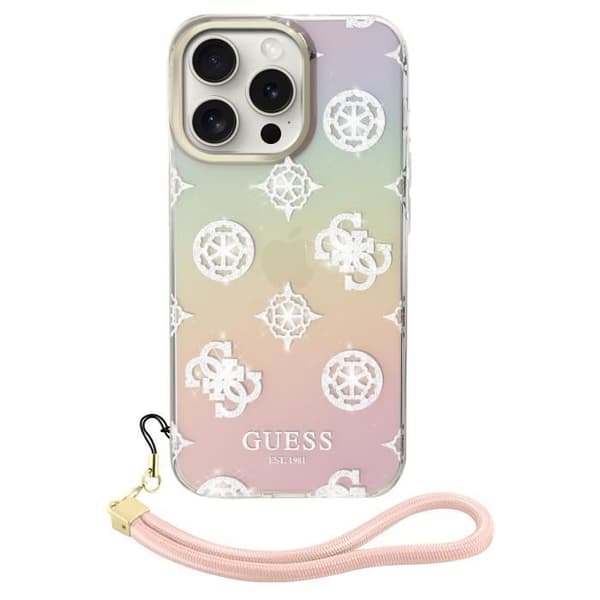 Fodral för iPhone 15 Pro Max med upphöjda kanter och inbyggd handledsrem Guess i flerfärgad design