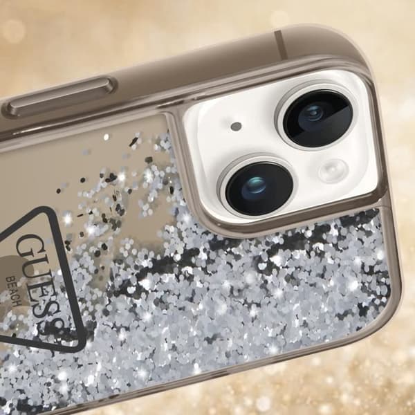 Coque Luxe för iPhone 14 Plus Flytande Glittrar Rep-skydd Guess Svart Transparent