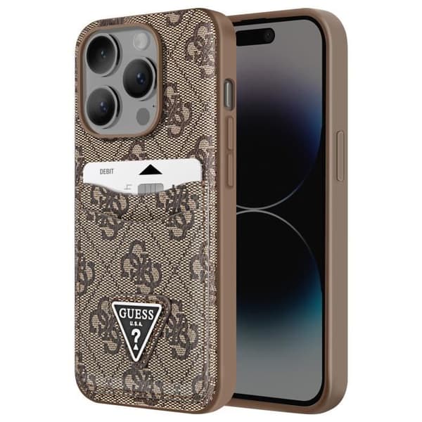 Coque för iPhone 14 Pro med kreditkortshållare, upphöjda kanter, Guess, brun