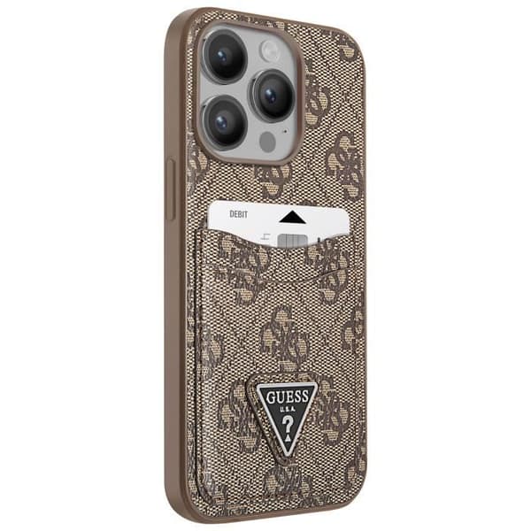 Coque för iPhone 14 Pro med kreditkortshållare, upphöjda kanter, Guess, brun