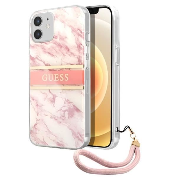 Coque för iPhone 13 Pro Med Upphöjda Kantar och Avtagbar Rem Guess Rosa