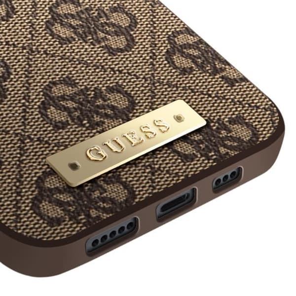 Coque MagSafe för iPhone 14 Elegant 4G Metalplatta Guess Brun