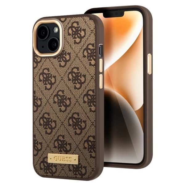 Coque MagSafe för iPhone 14 Elegant 4G Metalplatta Guess Brun