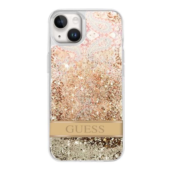 Skal till iPhone 14 Plus med blommotiv och flytande paljetter, Guess Transparent