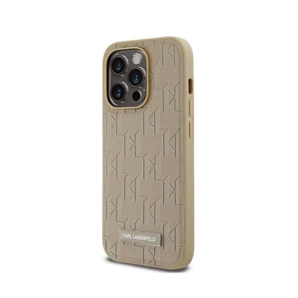 Coque för iPhone 15 Pro Max MagSafe med Monogrammönster och Metalliserad Karl Lagerfeld-logotyp Beige