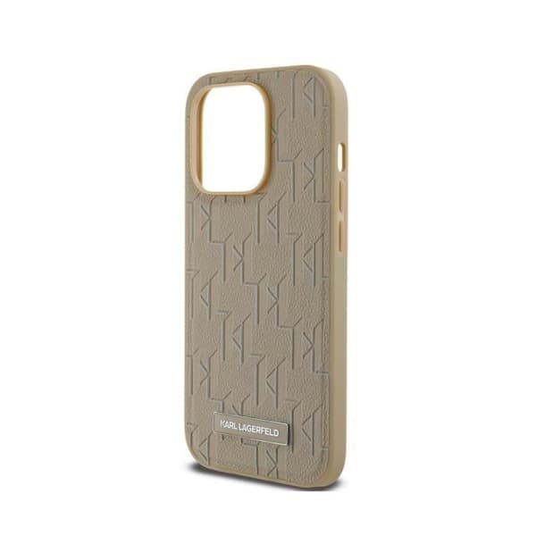 Coque för iPhone 15 Pro Max MagSafe med Monogrammönster och Metalliserad Karl Lagerfeld-logotyp Beige