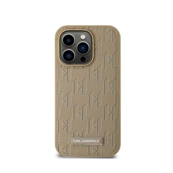 Coque för iPhone 15 Pro Max MagSafe med Monogrammönster och Metalliserad Karl Lagerfeld-logotyp Beige
