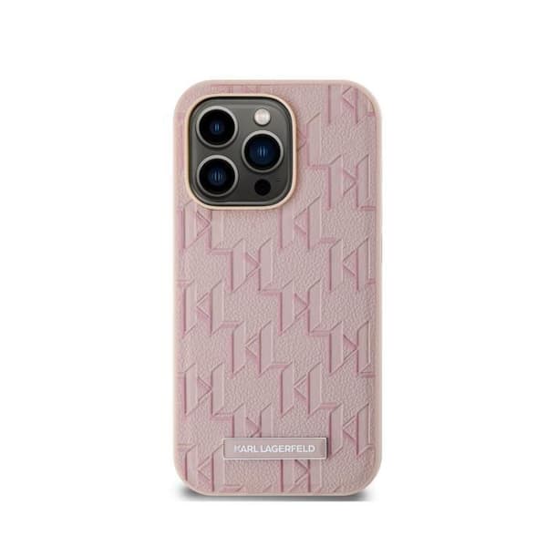 Coque för iPhone 14 Pro Max MagSafe med monogrammönster och Karl Lagerfelds metalliska logotyp i rosa