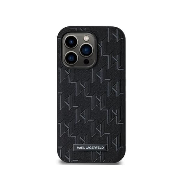 Coque för iPhone 14 Pro Max MagSafe med Monogrammönster och Metalliserad Karl Lagerfeld-logotyp i Svart