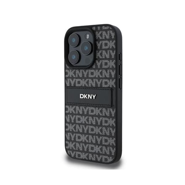 Coque för iPhone 16 Pro Max Repeat Pattern Tonal Stripe med Metalliskt Logo DKNY Svart