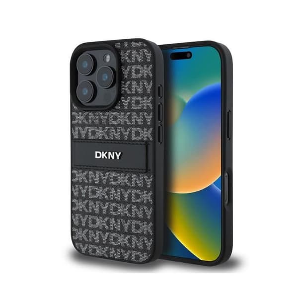 Coque för iPhone 16 Pro Max Repeat Pattern Tonal Stripe med Metalliskt Logo DKNY Svart