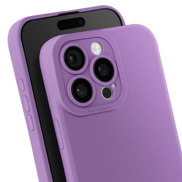 Skyddande silikonfodral för iPhone 16 Pro Max med slät yta och skyddad kameralins i lila.