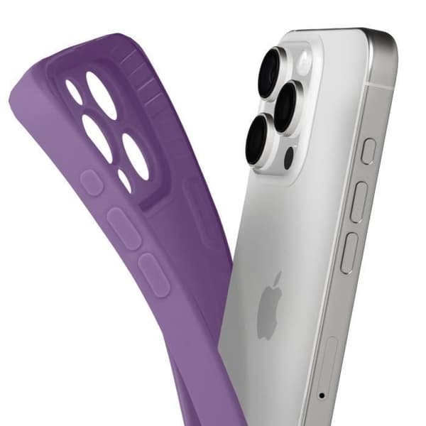 Skyddande silikonfodral för iPhone 16 Pro Max med slät yta och skyddad kameralins i lila.