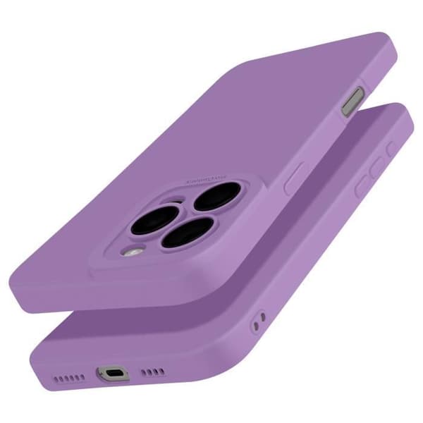 Skyddande silikonfodral för iPhone 16 Pro Max med slät yta och skyddad kameralins i lila.