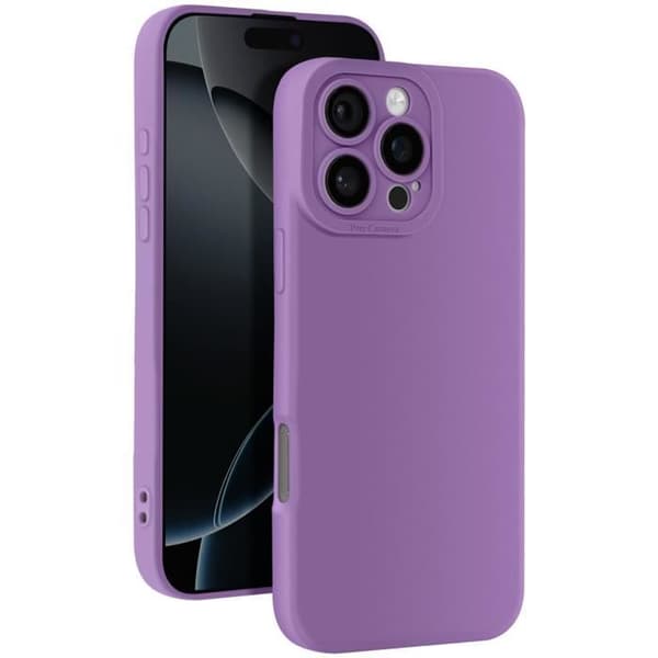 Skyddande silikonfodral för iPhone 16 Pro Max med slät yta och skyddad kameralins i lila.