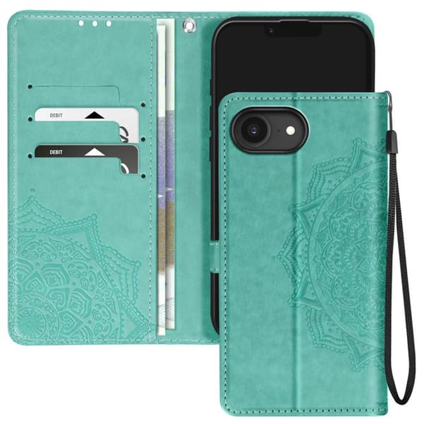 Fodral Blommor Mandala för iPhone 16 Plånbok Nyckelband Grön
