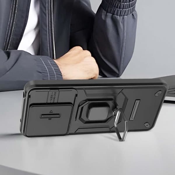 Coque för Xiaomi Redmi 13 med ringstöd och skjutbart kameraskydd svart