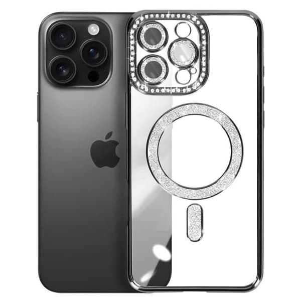 Coque Diamant för iPhone 16 Pro MagSafe-skydd Kontur Strass Svart