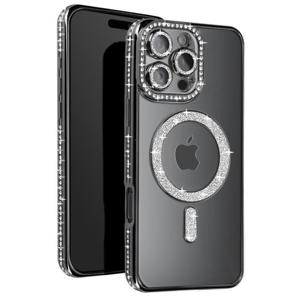 Coque Diamant för iPhone 16 Pro MagSafe-skydd Kontur Strass Svart