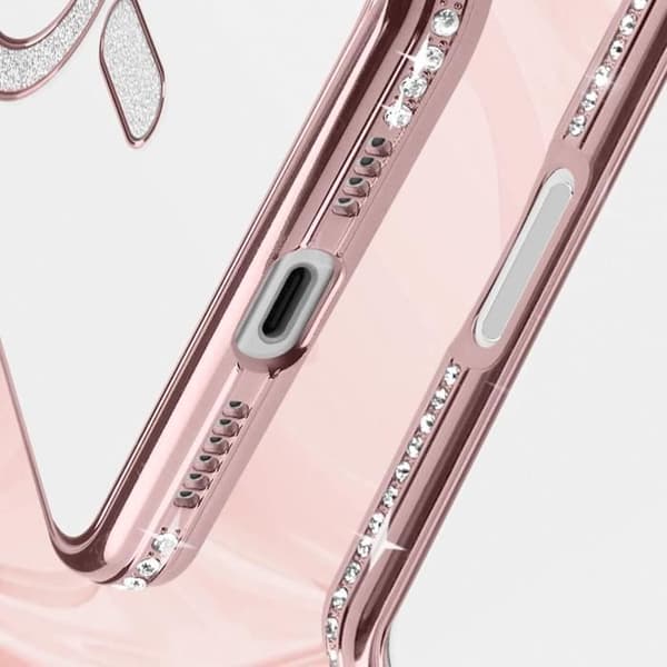 Coque Diamant för iPhone 16 Plus Skydd MagSafe Kontur Strass Rosé Champagne