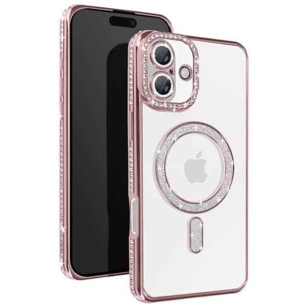 Coque Diamant för iPhone 16 Plus Skydd MagSafe Kontur Strass Rosé Champagne