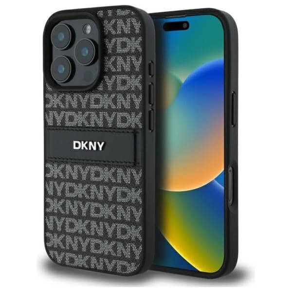 IPhone 16 Pro Fodral - DKNY Läder Hårdpansar Textur Mönster Tonal Rand (DKHCP16LPRTHSLK) - Noir
