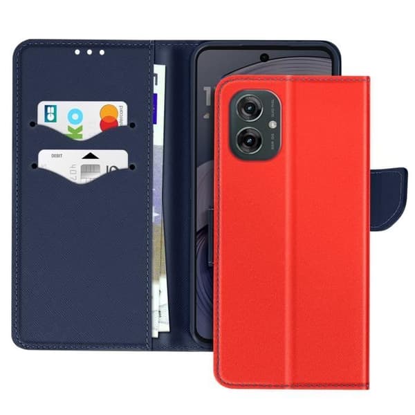 Étui för Motorola Moto G55 Plånbok Läder Saffiano Fancy Blå / Röd