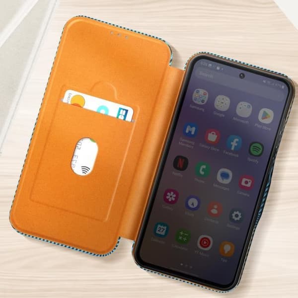 Kolfiberetui för Samsung Galaxy A36 Med RFID-skydd och kortplats Blå