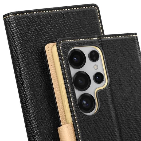 Étui för Samsung Galaxy S25 Ultra Plånbok Läder Saffiano Fancy Svart / Guld
