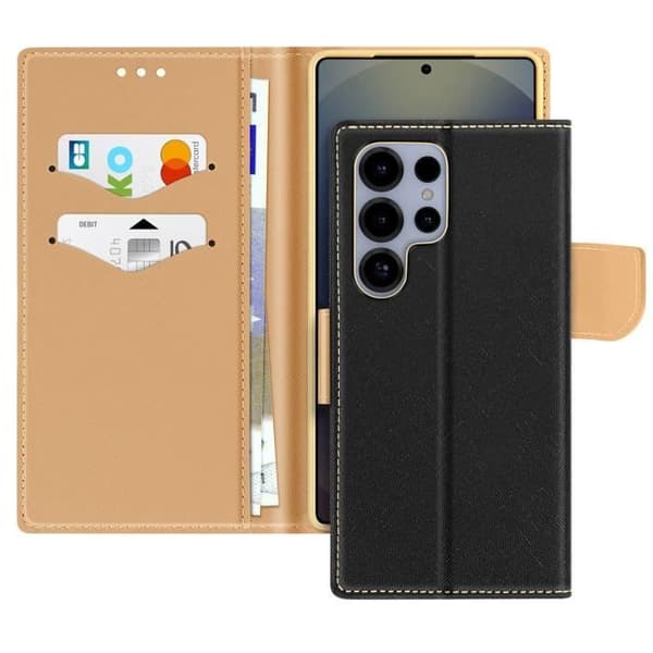 Étui för Samsung Galaxy S25 Ultra Plånbok Läder Saffiano Fancy Svart / Guld