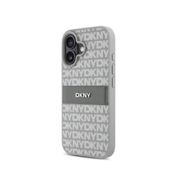 Coque för iPhone 16 Edition Repeat Pattern Tonal Stripe med Metalliserad DKNY-logotyp Beige