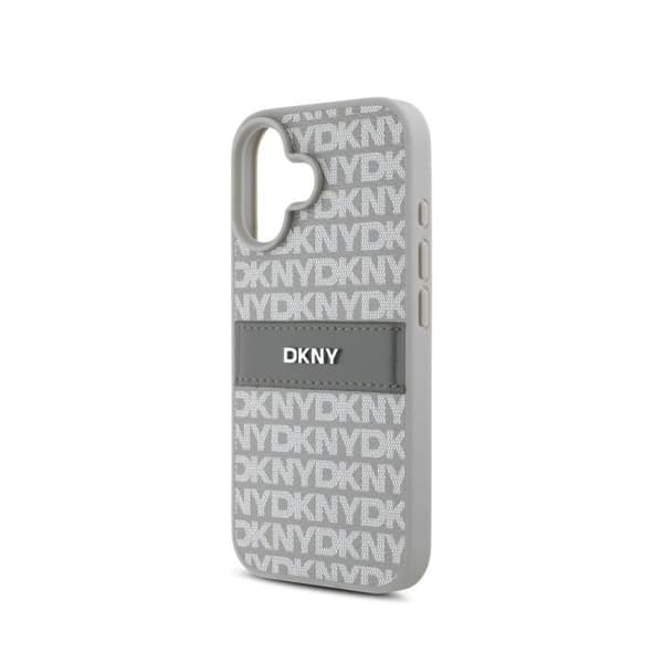 Coque för iPhone 16 Edition Repeat Pattern Tonal Stripe med Metalliserad DKNY-logotyp Beige