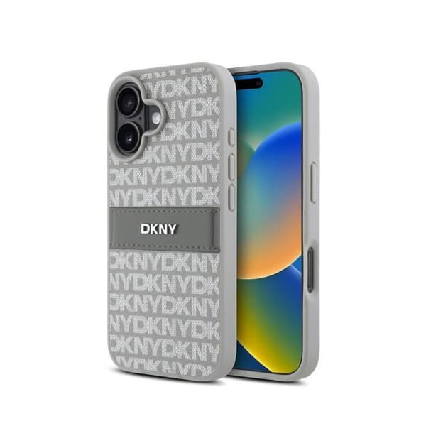 Coque för iPhone 16 Edition Repeat Pattern Tonal Stripe med Metalliserad DKNY-logotyp Beige