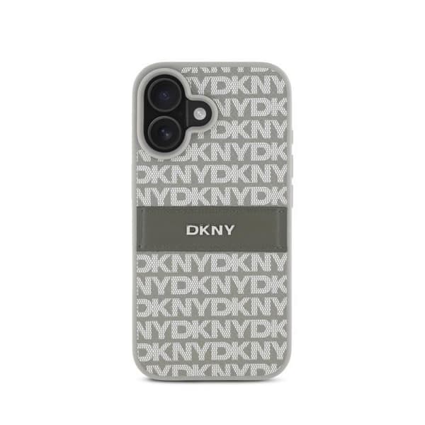 Coque för iPhone 16 Edition Repeat Pattern Tonal Stripe med Metalliserad DKNY-logotyp Beige