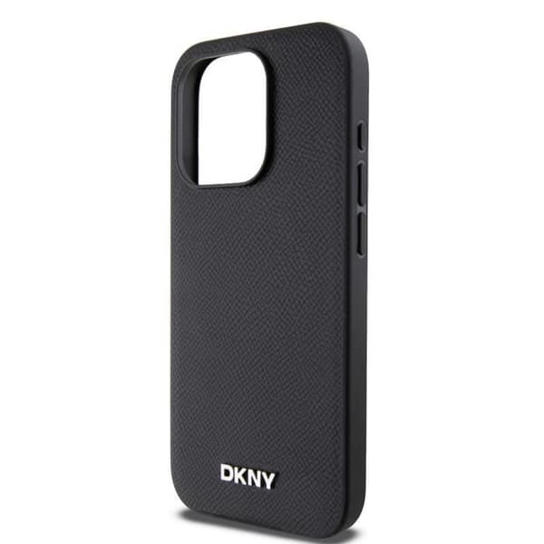 Elegant iPhone 15 Pro MagSafe-fodral med DKNY-metallogo i svart