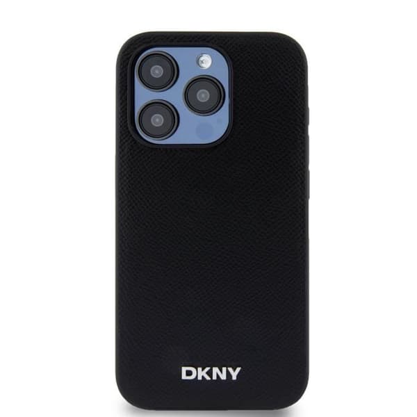 Elegant iPhone 15 Pro MagSafe-fodral med DKNY-metallogo i svart