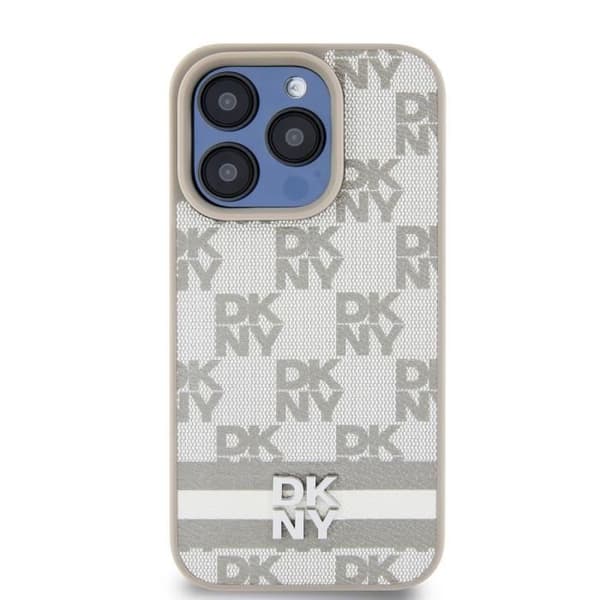 Elegant iPhone 14 Pro-skal med rutigt och randigt mönster DKNY beige