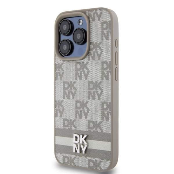 Elegant iPhone 14 Pro-skal med rutigt och randigt mönster DKNY beige