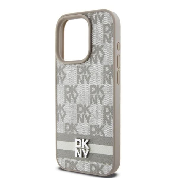Elegant iPhone 14 Pro-skal med rutigt och randigt mönster DKNY beige
