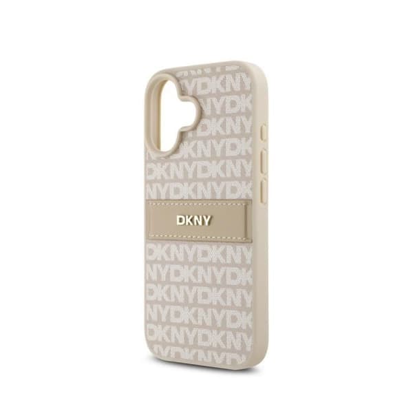Coque för iPhone 16 Plus Serie Repeat Pattern Tonal Stripe med Metalliskt DKNY-logotyp Rosa