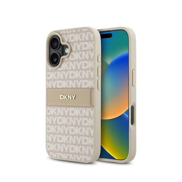 Coque för iPhone 16 Plus Serie Repeat Pattern Tonal Stripe med Metalliskt DKNY-logotyp Rosa