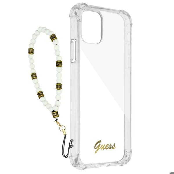 iPhone 12 och 12 Pro Stötsäkert fodral Transparent Jewel Pearl Armband White Guess
