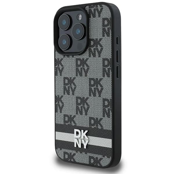 Coque för iPhone 16 Pro Max - Hårt läderfodral från DKNY med rutigt och randigt tryck (DKHCP16XPCPTSSK) - Svart