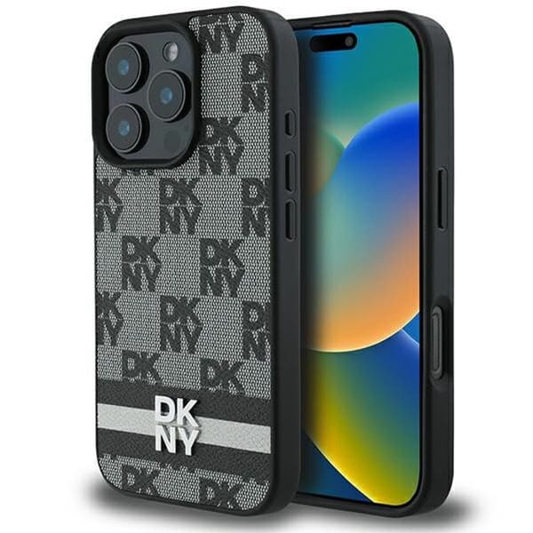Coque för iPhone 16 Pro Max - Hårt läderfodral från DKNY med rutigt och randigt tryck (DKHCP16XPCPTSSK) - Svart