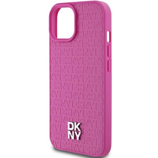 iPhone 15-fodral - DKNY Lädermönster Metallogo MagSafe (DKHMP15SPSHRPSP) - Rosa