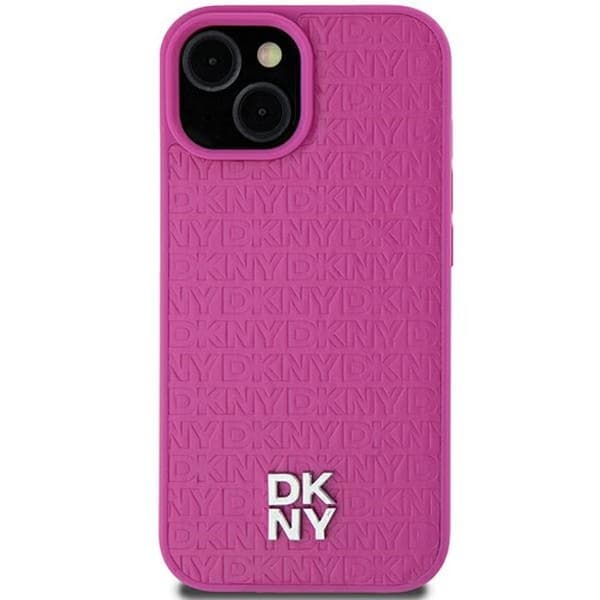 iPhone 15-fodral - DKNY Lädermönster Metallogo MagSafe (DKHMP15SPSHRPSP) - Rosa